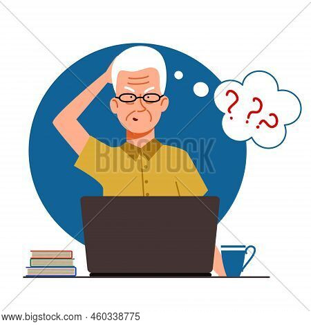 The Concept Of An Elderly Person Thinking On A Laptop. The Old Man Forgot His Password And Account L