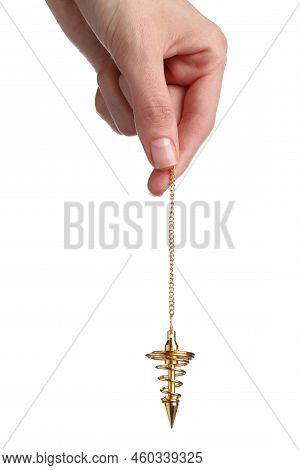 Woman Holding Golden Pendulum With Chain On White Background, Closeup. Hypnosis Session