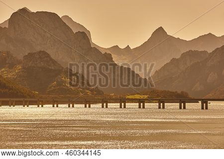 Mountain And Reservoir Landscape In Riano. Gilbo Peak. Leon, Spain
