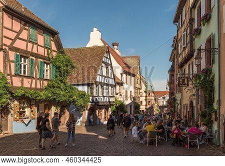 View Along A Street In The Medieval Village Of Riquewihr, Alsace, France
