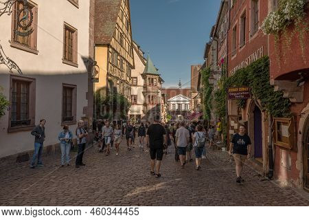 View Along A Street In The Medieval Village Of Riquewihr, Alsace, France