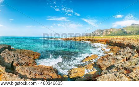 Picturesque Seascape Of Isolidda Beach Near San Vito Cape. Popular Travel Destination Of Monte Cofan