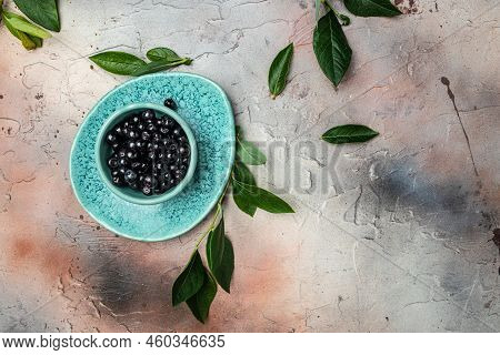 Wild Berries, Northern Berry: Lingonberry, Blueberry, Bowl Of Fresh Maqui Berry On Dark Background, 