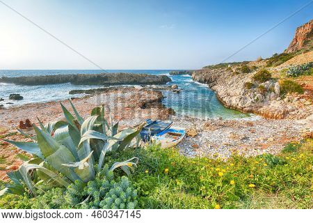 Wonderful Seascape Of Isolidda Beach Near San Vito Cape. Popular Travel Destination Of Monte Cofano 