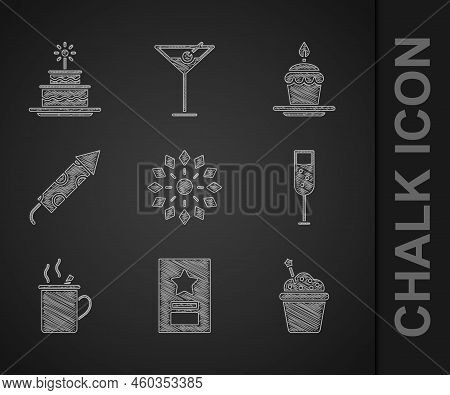 Set Firework, Greeting Card, Cake, Glass Of Champagne, Mulled Wine, Rocket, With Burning Candles And