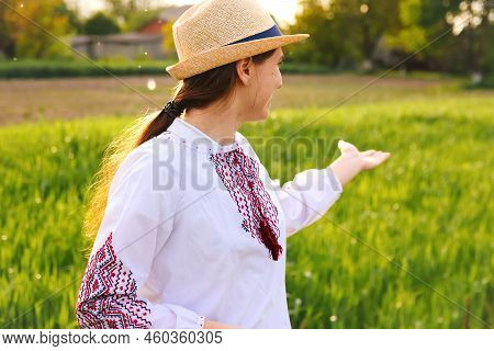 Defocus Young Ukrainian Woman Portrait. Meadow Nature Background. Showing Sign Love Ukraine. Smiling