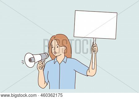 Decisive Woman With Placard Scream In Loudspeaker On Street Demonstration. Mad Female Activist With 