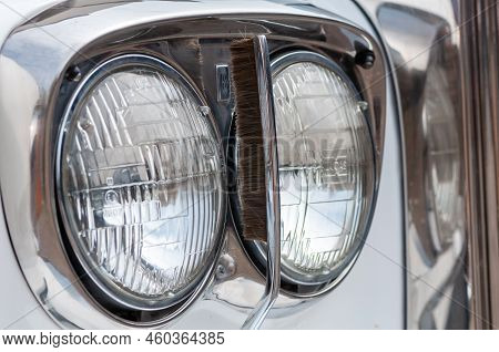 Timisoara, Romania - April 22, 2017: Head Lights Of An Old Daimler Ds420 Limousine