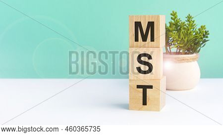 Mst Text On Wood Cubes, Business Concept. Front View. Mst Acronym Marketing Solutions And Technologi