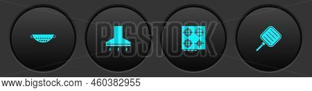 Set Kitchen Colander, Extractor Fan, Gas Stove And Frying Pan Icon. Vector