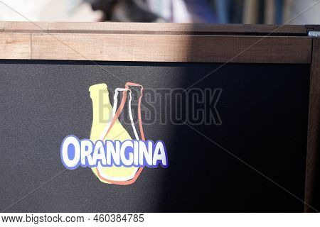 Bordeaux , Aquitaine  France - 08 20 2022 : Orangina Orange Lemonade Logo Sign And Brand Text On Pan