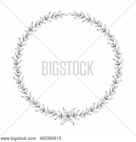 Hand Drawn Wreath - Floral Design Element Made Of Branches, Ornament, Leaves, Twigs, Laurel Round Fr