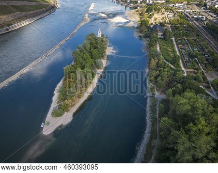 Aerial View With The Rhine And Mouse Tower Island Near Bingen In Rhineland-palatinate In Germany. Ex