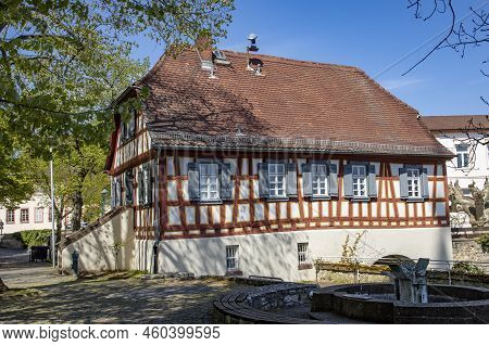Hochheim, Germany - April 25, 2021: Old Historic Half Timbered Priests House In Hochheim. Nowadays I