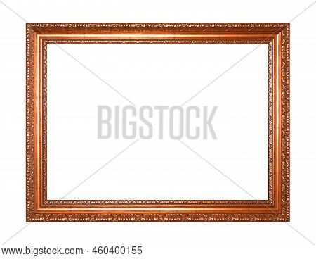 Rectangular Empty Wooden And Copper Or Bronze Gilded Ornamental Frame Isolated On White Background