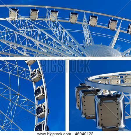 Collage di grande rotella di Ferris su sfondo blu cielo