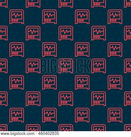 Red Line Seismograph Icon Isolated Seamless Pattern On Black Background. Earthquake Analog Seismogra