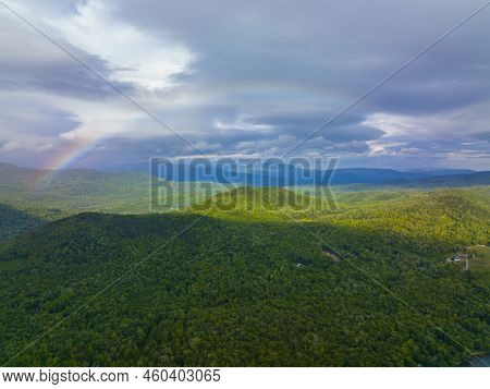 Rainbow Over White Mountain National Forest Aerial View Near Stinson Lake In Summer In Town Of Rumne
