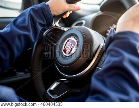 Italy - October 28, 2021: Fiat 500x Steering Wheel Which Is Hold In Both Hands For Secure Driving