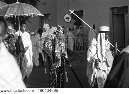 Axum, Ethiopia - July 1, 1998: Priest Carries The Holy Ark In A Ceremony Through The Streets  In Axu