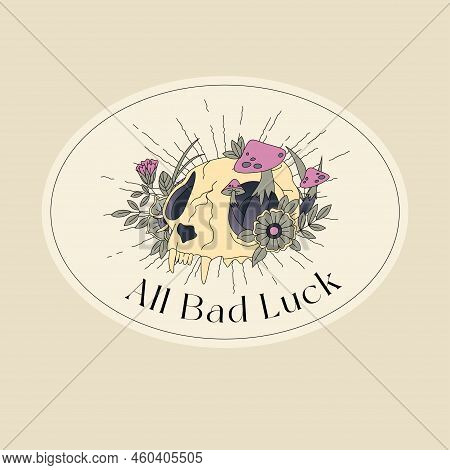 Feline Skull With Flowers Vector Illustration. Editable Stroke. Macabre Or Postmortem Aesthetic. Old