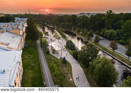 Aerial View Of The Public Park Of The Karpovka River Embankment In St. Petersburg At Sunset, Russia,