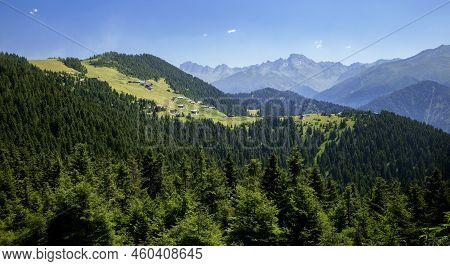 Turkey, Rize, Pokut Plateau, Historic Plateau Houses And Nature View, Panoramic View