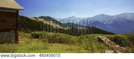 Turkey, Rize, Pokut Plateau, Historic Plateau Houses And Nature View, Panoramic View