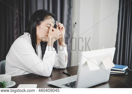 Young Business Woman Person Sleepy And Has Frustration Eye Problems With Cephalalgia Disease From Us