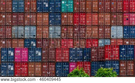 Chonburi, Thailand-august 20, 2022 : Stack Of The Logistic Container. Cargo And Shipping Business. C