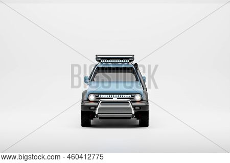 A Powerful Blue Off-road Car 4x4, Safari, Expedition Off-roader,  Front View. 3d Illustration
