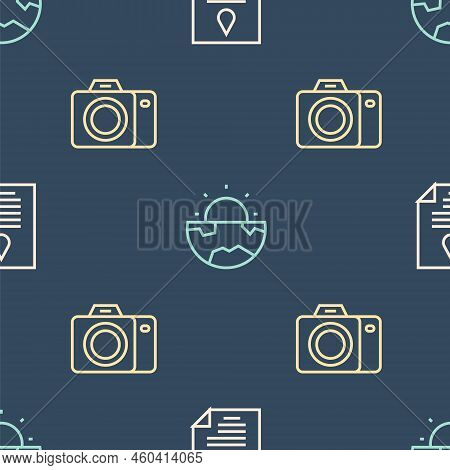 Set Line Oil Drop Document, Photo Camera And Earth Core Structure Crust On Seamless Pattern. Vector