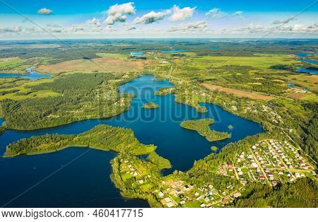 Lyepyel District, Vitebsk Region, Belarus. Aerial View Of Lepel Lake With Natural Small Islands.