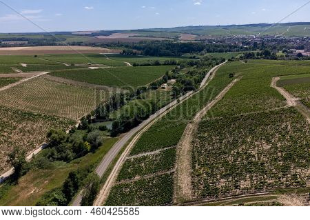 Aerial View On Chablis Grand Cru Appellation Vineyards With Grapes Growing On Limestone And Marl Soi