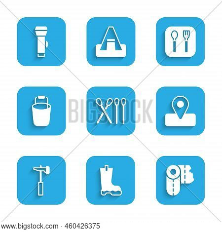 Set Match Stick, Waterproof Rubber Boot, Paper Towel Roll, Location For Camping, Hammer, Bucket, For