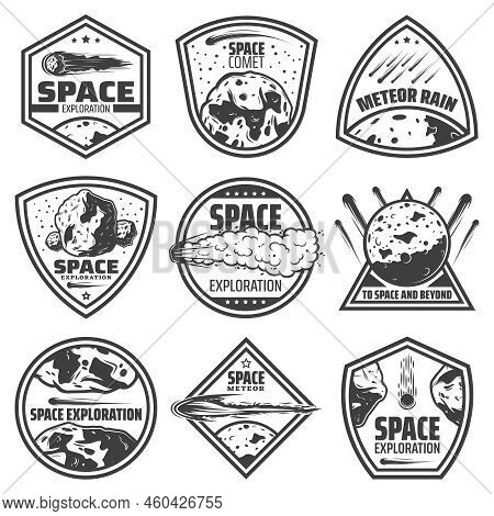 Vintage Monochrome Comets Labels Set With Inscriptions Falling Meteors Asteroids And Meteorites Isol