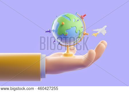 Cartoon Hand Holding Earth Globe With Colorful Pins And Plain Flying On Purple Background. Concept O