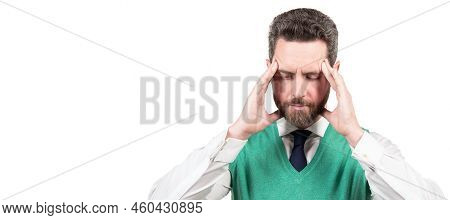 Man Face Portrait, Banner With Copy Space. Megraine. Suffering Businessman Isolated On White. Stress
