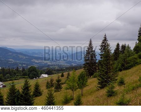 Majestic Landscape Of Summer Mountains. View Of Hills In Mist. Carpathians. Amaizing View On The Mou