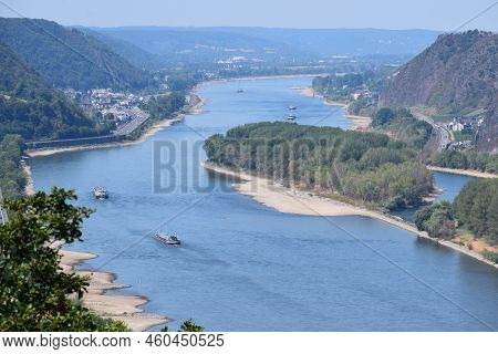 Rhine With Sandbanks Near Namedy, Brohl And Bad Breisig Ferry In Far Background