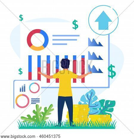 Stock Trading Concept Flat Style Vector Illustration. Businessman Analyzing Stock Market With Charts