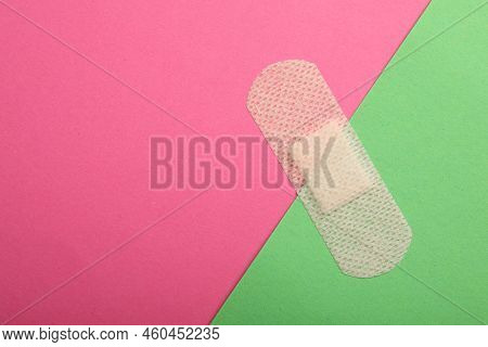 Sticking Plaster On Color Background, Top View. Space For Text