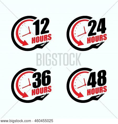 Set Of Four Black And Red Abstract Clock Silhouettes With Human Hand And Different Tine Numbers. Bus