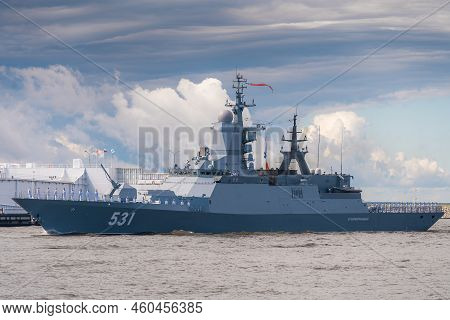 Russia. Kronstadt. July 31, 2022. A Military Corvette On The Parade Of The Navy.