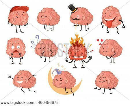 Brain Character Emotion. Intelligence Emoji Slipping Loving Or Smiling Illustration. Cute Hero Brain