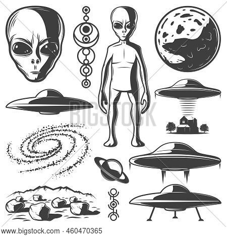 Vintage Monochrome Ufo Elements Set With Extraterrestrials Planet Surface Landscape Galaxy Alien Shi