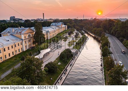 Aerial View Of The Public Park Of The Karpovka River Embankment In St. Petersburg At Sunset, Russia,