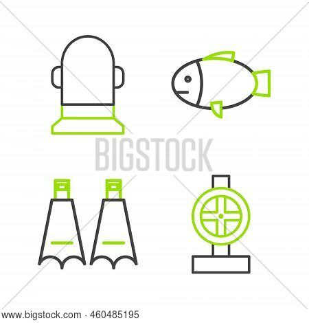 Set Line Industry Metallic Pipes And Valve, Rubber Flippers For Swimming, Fish And Buoy Icon. Vector