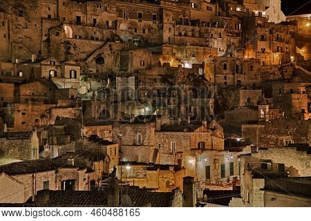 Matera, Basilicata, Italy: Night View Of The Picturesque Old Town Called Sasso Barisano, In The City