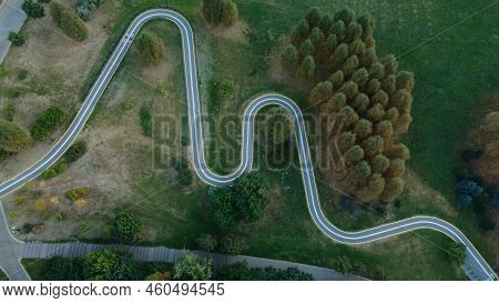 Winding Bike Path In The City Park. City Park At Dawn. Aerial Photography.